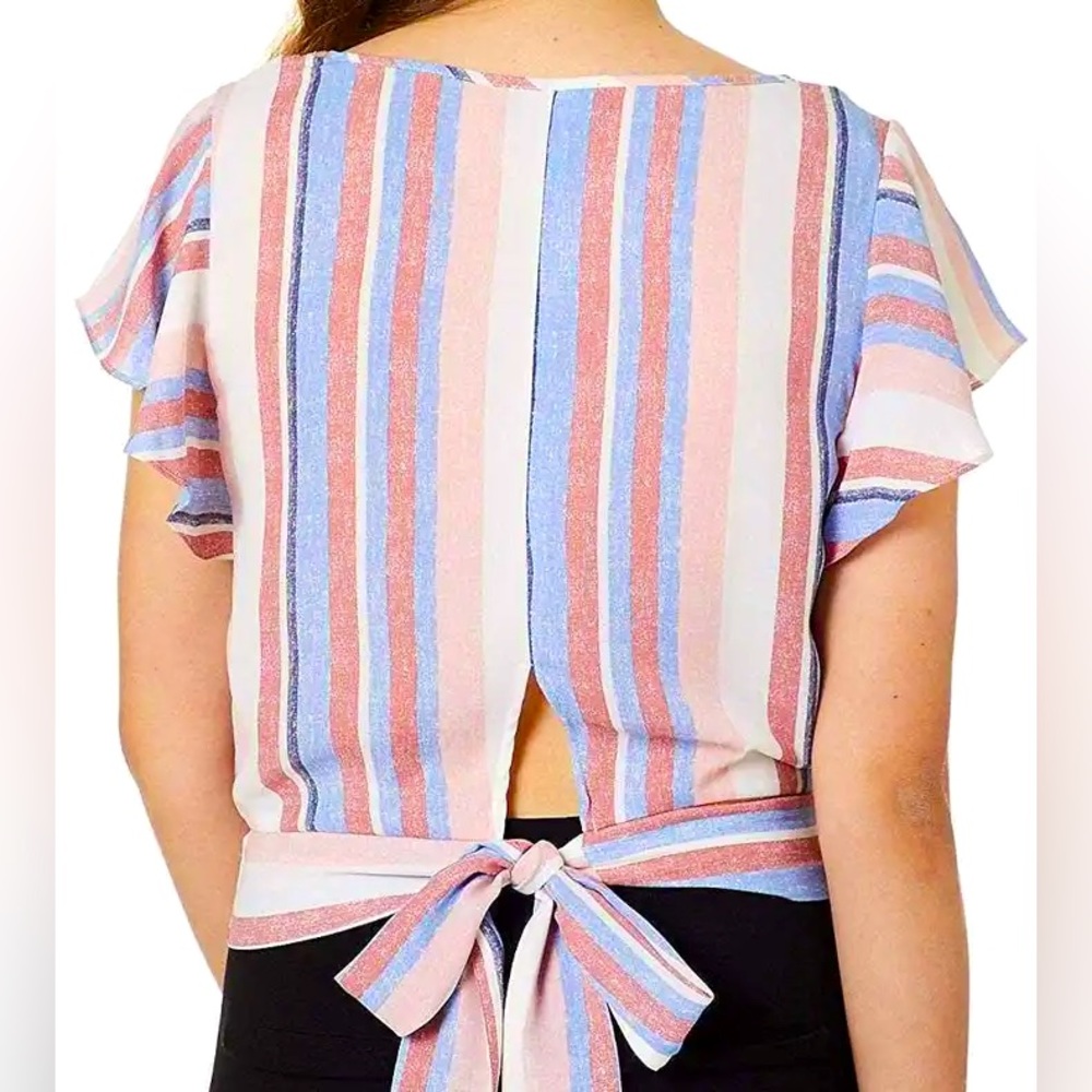 Flutter Sleeve Tie Back Cropped Junior's Top (Multi
Distressed Stripe) - Picture 3 of 13